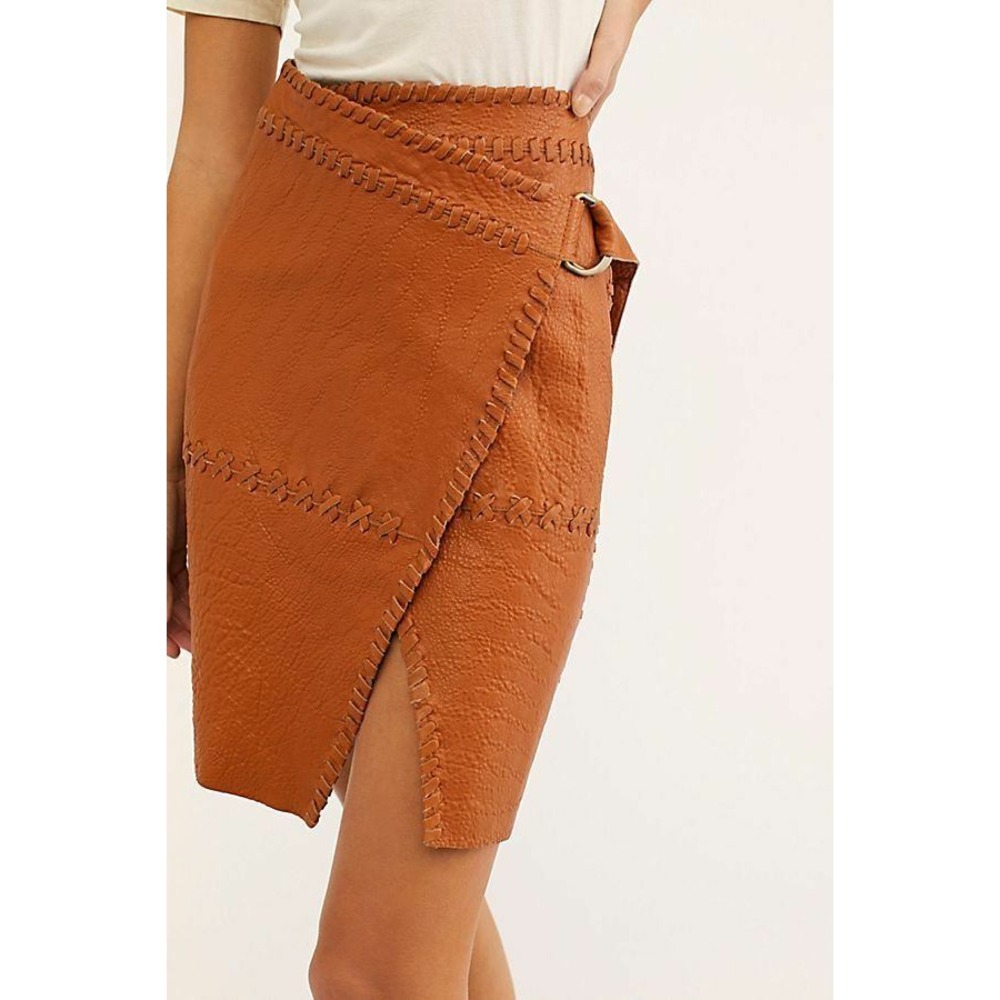 We The Free Free People Brown Lamb Leather Whipstitch Wrap Mini Skirt 29 Western